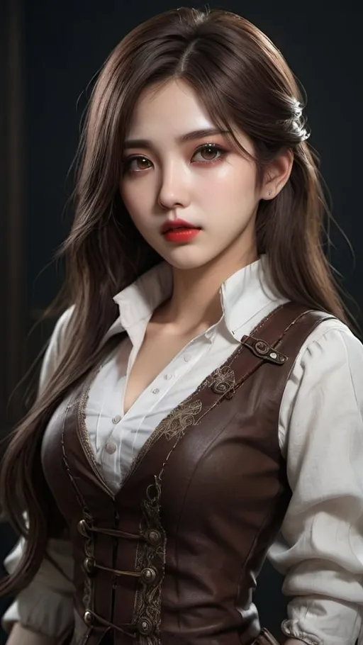 Prompt: full body Korean kpop girl idol with brown eyes, red lips, long dark brown hair, dry skin, feminine body, realistic skin, detailed eyes, bloodborne hunter, highres, ultra-detailed, feminine, kpop, cosplay, brown hair, red lips, detailed eyes, cg style, beautiful, professional, atmospheric lighting