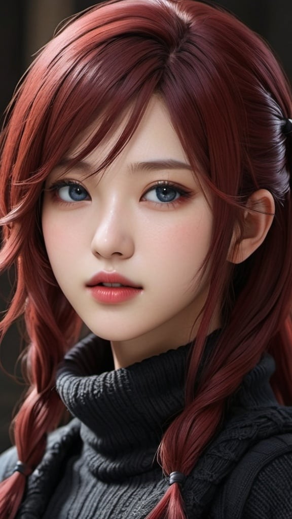 Prompt: Closeup of a korean final fantasy girl idol with blue eyes, red lips, shoulder-length dark red hair with black highlights, wool sweater, i can't believe how beautiful this is, in the style of red and dark black, feminine body