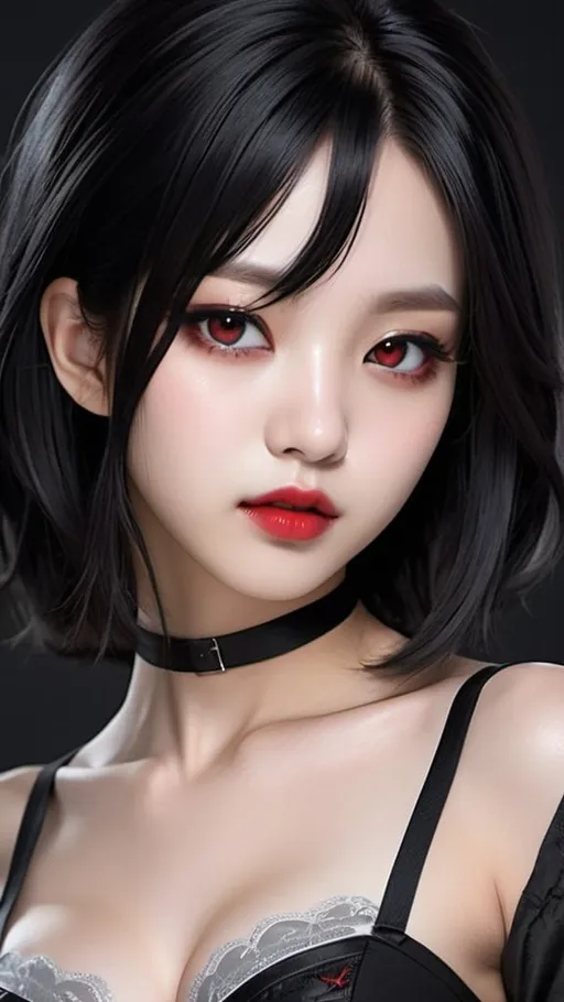Prompt: face close-up of a vampire korean kpop girl idol with red eyes, red lips, shoulder-length dark black hair with silver highlights, i can't believe how beautiful this is, cosplaygirl, in the style of light silver and dark black, feminine body, cg style