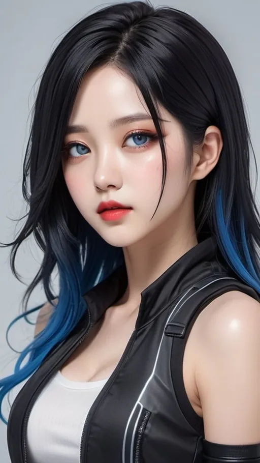 Prompt: fullbody close-up of a korean kpop girl idol with blue eyes, red lips, shoulder-length dark black hair with blue highlights, wearing a tatical vest, i can't believe how beautiful this is, cosplaygirl, in the style of light silver and dark black, feminine body, cg style