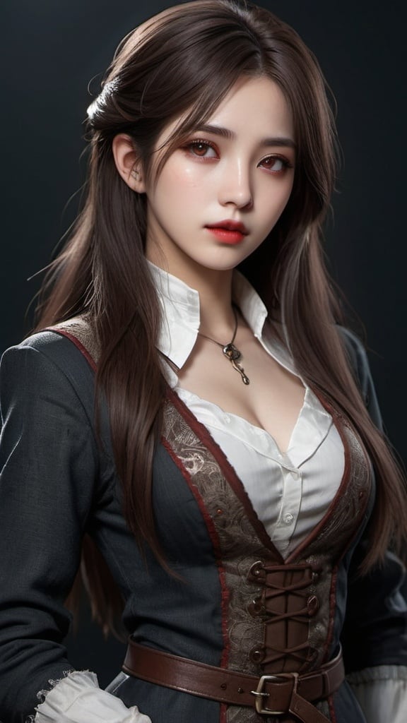 Prompt: full body Korean kpop girl idol with brown eyes, red lips, long dark brown hair, dry skin, feminine body, realistic skin, detailed eyes, bloodborne hunter, highres, ultra-detailed, feminine, kpop, cosplay, brown hair, red lips, detailed eyes, cg style, beautiful, professional, atmospheric lighting