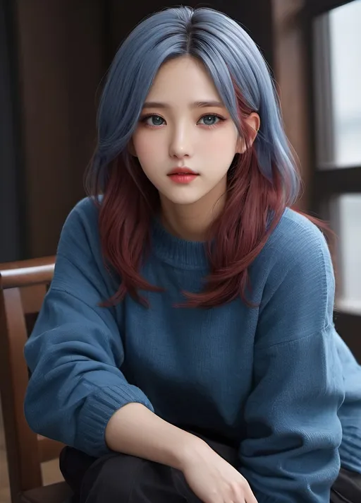 Prompt: Fullbody korean final fantasy girl idol with blue eyes, red lips, shoulder-length dark red hair with blue hair highlighs,  wearing wool sweater-top, sitting, i can't believe how beautiful this is, feminine body