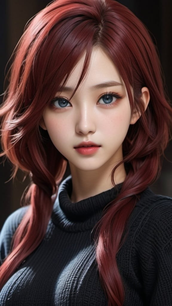 Prompt: Closeup of a korean final fantasy girl idol with blue eyes, red lips, shoulder-length dark red hair with black highlights, wool sweater, i can't believe how beautiful this is, in the style of red and dark black, feminine body