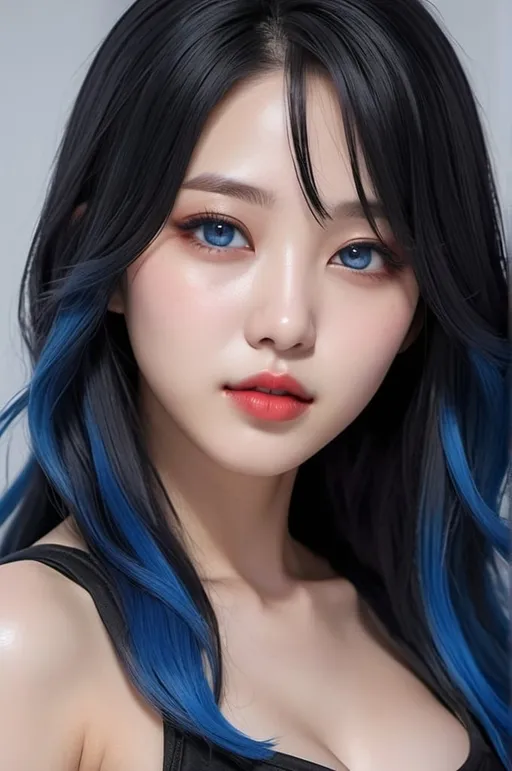 Prompt: face close-up of a korean kpop girl idol with blue eyes, red lips, shoulder-length dark black hair with blue highlights, i can't believe how beautiful this is, cosplaygirl, in the style of light silver and dark black, feminine body, cg style