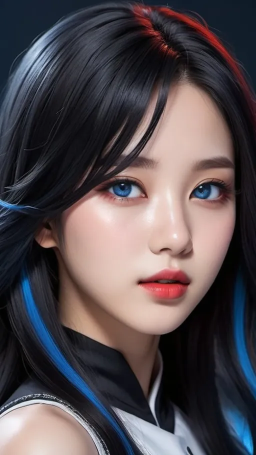 Prompt: face close-up of a korean kpop girl idol with blue eyes, red lips, shoulder-length dark black hair with blue highlights, i can't believe how beautiful this is, cosplaygirl, in the style of light silver and dark black, feminine body, cg style