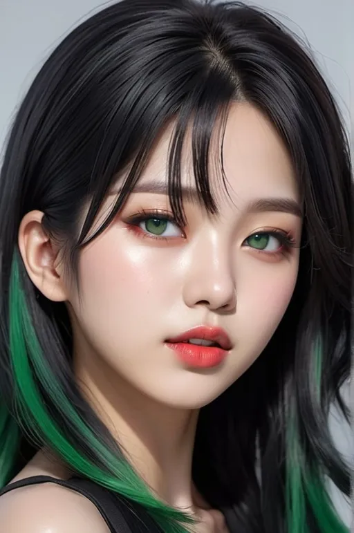 Prompt: face close-up of a korean kpop girl idol with green eyes, red lips, shoulder-length dark black hair with greeb highlights, i can't believe how beautiful this is, cosplaygirl, in the style of light silver and dark black, feminine body, cg style