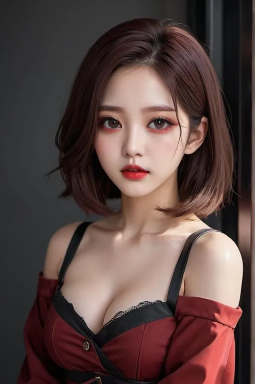 Prompt: korean kpop girl idol with red eyes, red lips, shoulder-length dark brown hair,  i can't believe how beautiful this is, cosplaygirl, feminine body, cg style
