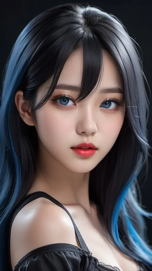 Prompt: face close-up of a korean kpop girl idol with blue eyes, red lips, shoulder-length dark black hair with blue highlights, i can't believe how beautiful this is, cosplaygirl, in the style of light silver and dark black, feminine body, cg style