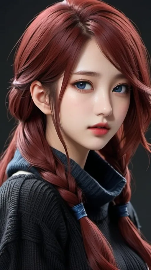 Prompt: Closeup of a korean final fantasy girl idol with blue eyes, red lips, shoulder-length dark red hair with black highlights, wool sweater, i can't believe how beautiful this is, in the style of red and dark black, feminine body