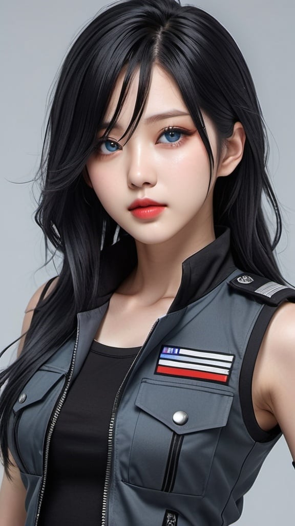 Prompt: fullbody close-up of a korean kpop girl idol with blue eyes, red lips, shoulder-length dark black hair with blue highlights, wearing a military tatical vest, i can't believe how beautiful this is, cosplaygirl, in the style of light silver and dark black, feminine body, cg style