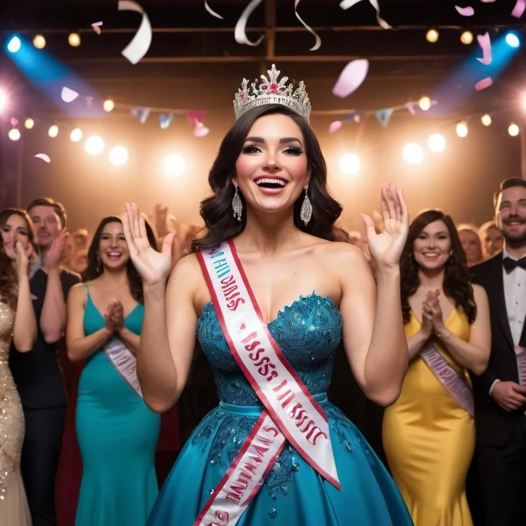 Prompt: A beautiful woman named Miss Damage, dressed in an elegant evening gown with subtle yet striking motifs of strength and resilience, is standing on a brightly lit stage. She is wearing a crown and a sash that reads 'Miss Damage.' The stage is adorned with decorations like flowers and balloons, and there is confetti falling from above. Behind her, a crowd of cheering audience members and other contestants clapping in admiration. The background features colorful lights and banners of the beauty contest. Miss Damage has a confident and radiant smile, exuding both beauty and inner strength.