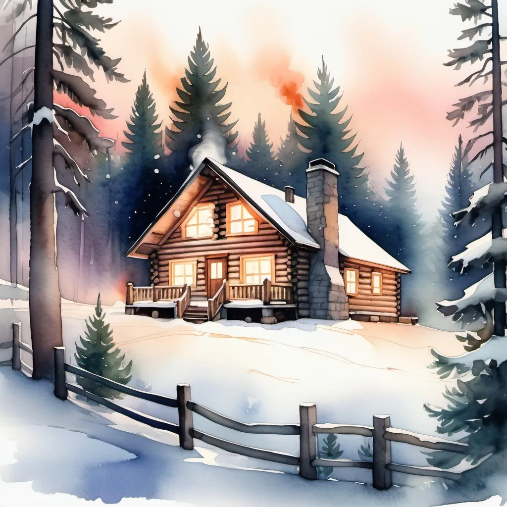 Prompt: A cozy, snowy-covered log cabin nestled among pine trees, with smoke rising from the chimney, glowing warmly from inside, set against a peaceful winter twilight, in a watercolor style.