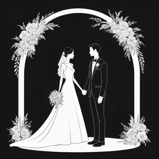 Prompt: Create a minimalist black and white image with a wedding theme. The background should be entirely black, featuring simple, faceless white line drawings of a couple getting married. The figures should be abstract, capturing the essence of a wedding without any facial features. Include subtle elements like a wedding arch or bouquet, using only clean, basic lines to maintain simplicity and elegance