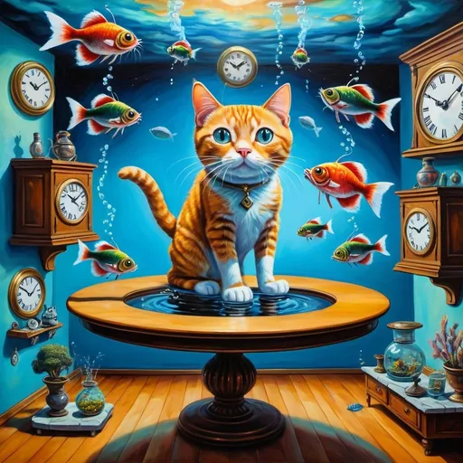 Prompt: ((Surrealism)) of Schroedinger's cat, detailed oil painting, floating table,  melting clocks, fish with tiny fishtanks on their heads flying through the scene wearing jetpacks. dreamlike atmosphere, vibrant and surreal colors, whimsical and otherworldly, high quality, surrealism, detailed cat, oil painting, dreamlike, vibrant colors, dramatic lighting, floating table, mystical atmosphere, surreal, whimsical, otherworldly