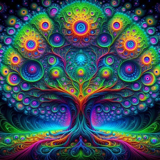 Prompt: psychedelic tree of life fractal, fluorescent colors, vibrant neon, detailed fractal patterns, high definition, digital art, surreal, mesmerizing, cat eye details, vibrant neon, glowing, intricate, psychedelic, high definition, detailed fractal patterns, surreal, digital art, vibrant colors, mesmerizing, fluorescent lighting