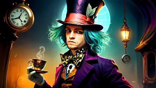 Prompt: Mad Hatter illustration in whimsical steampunk style, crazed expression, intricate details, vibrant colors, mystical atmosphere, high quality, steampunk, whimsical, intricate details, vibrant colors, mystical atmosphere, top hat, quirky facial features, tea party setting, antique pocket watch, elaborate coat, glowing accents, atmospheric lighting