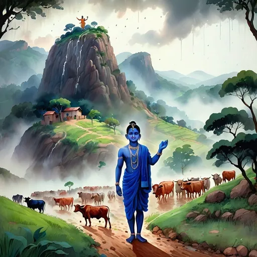 Prompt: Krishna, as a young boy, effortlessly lifting the massive Govardhan Hill with his little finger.
Setting: A village scene with torrential rain and villagers, cows, and other animals taking shelter under the hill.
Details: Krishna standing calmly with one hand raised, smiling, surrounded by grateful villagers and lush greenery, digital watercolor painting, skin colour of Lord Krishna black , dark ,dark bluish or “the attractive .” His body complexion is black and somewhere it is shown as blue that refers to supreme cosmic power, bold brush strokes, art nouveau