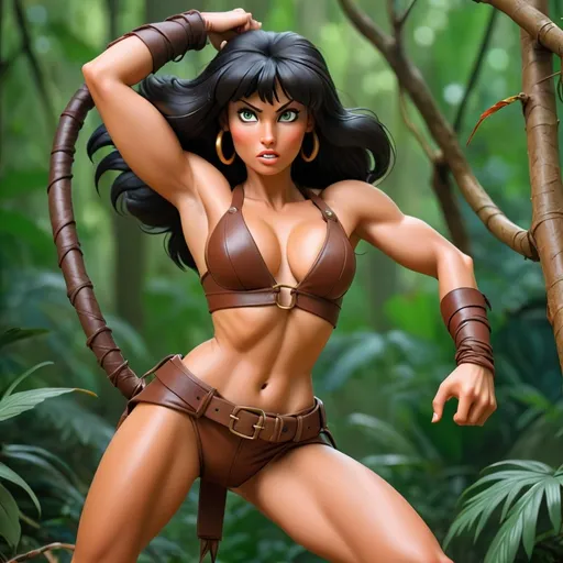 Prompt: Jungle queen Sheena wearing clothes made of leather , action pose like Tarzan 