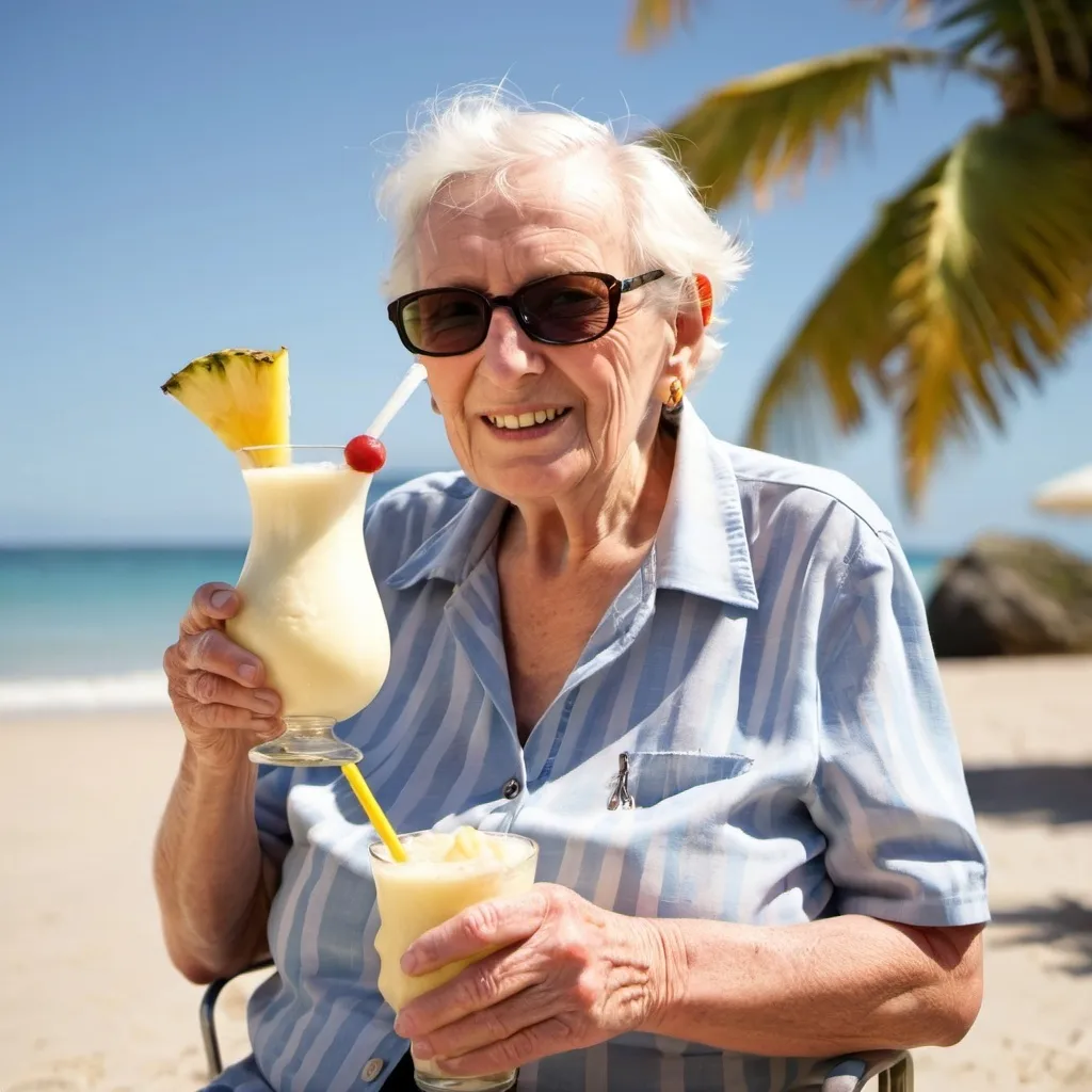 Prompt: a pensioner having a pina colada on a sunny beach