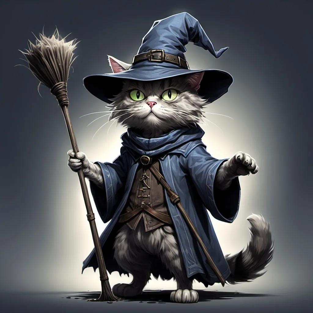 Prompt: a cat dressed up as a wizard holding a broom and a hat on its head and a stick in its hand, Brian Snøddy, furry art, bloodborne, concept art