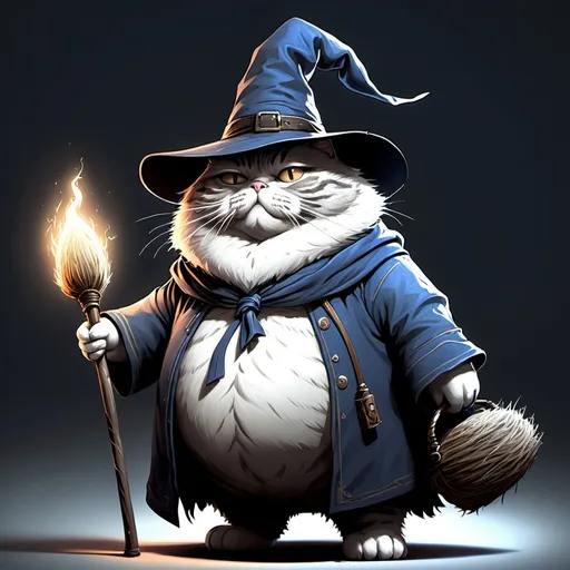 Prompt: a fat cat dressed up as a wizard holding a broom and a hat on its head and a stick in its hand, Brian Snøddy, furry art, bloodborne, concept art