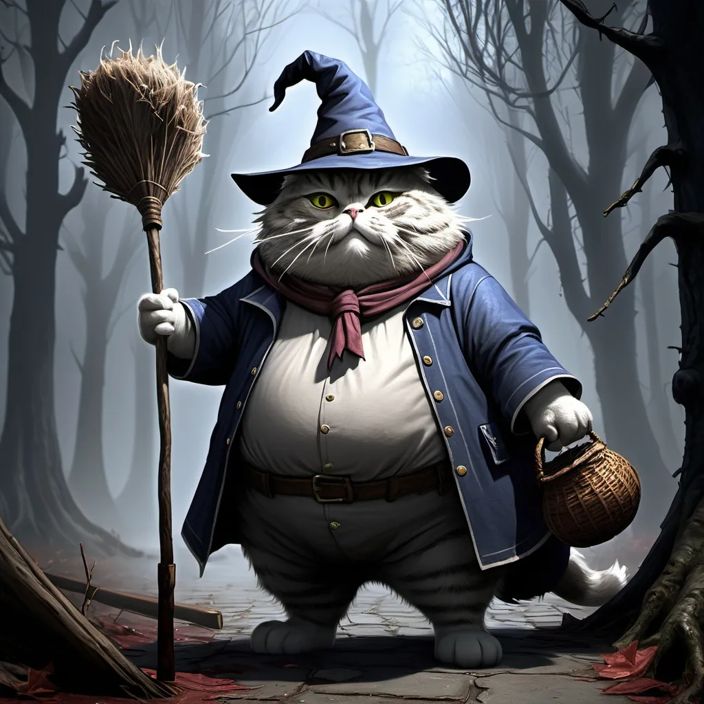 Prompt: a fat cat dressed up as a wizard holding a broom and a hat on its head and a stick in its hand, Brian Snøddy, furry art, bloodborne, concept art, realistic, dark forest