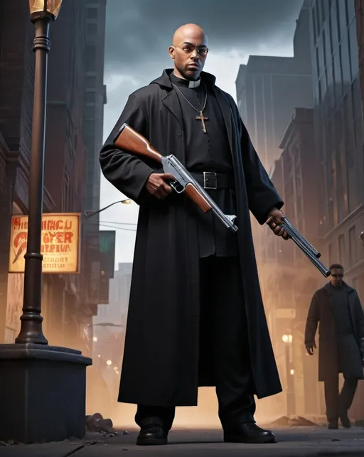 Prompt: (hyper-realistic urban fantasy standee), priest with shotgun, dynamic pose, intricate details, (moody lighting), vibrant city backdrop, dramatic shadows, (character art), (illustration), high-quality textures, immersive environment, modern urban setting, captivating atmosphere, (strong contrasts), compelling composition, emphasis on character's expression, engaging storytelling elements.