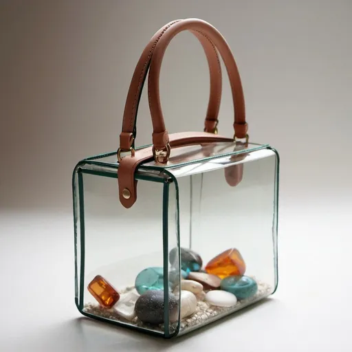 Prompt: create me a unique handbag made from glass. Make it clear, like little glass box add some minimal clay details near strap. Strap can be long. Fill whole bag with pictures and memorable things
