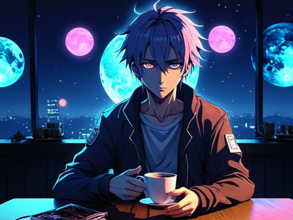 Prompt: Anime cyberpunk style, man in coffee shop, highly detailed, HD, dark background