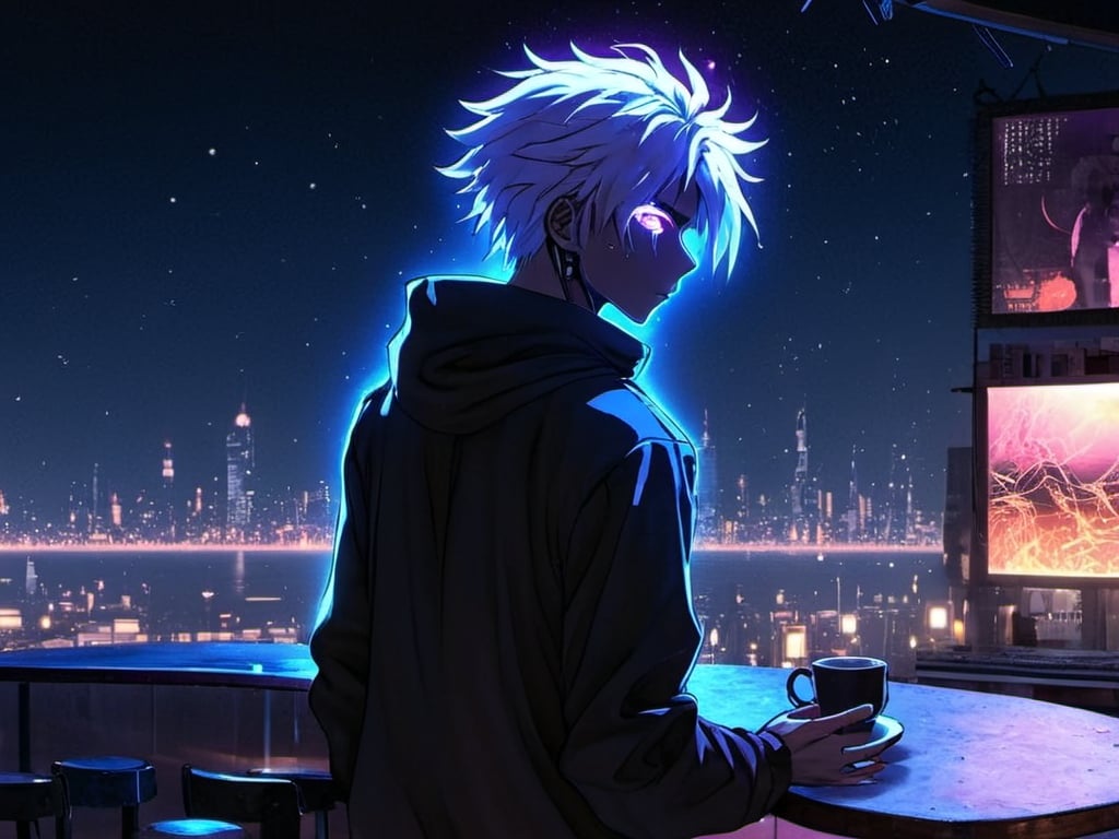 Prompt: Anime cyberpunk style, man in coffee shop, highly detailed, HD, dark background