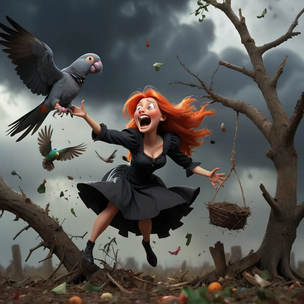 Prompt: The witch is laughing wickedly as she magically lifts the tree from the ground and throws it far away. The parrot and pigeon are falling mid-air from their nest, looking heartbroken and scared. Debris from the tree scatters. Dark clouds swirl in the background. Dramatic lighting, high detail, emotional expressions, HD quality.