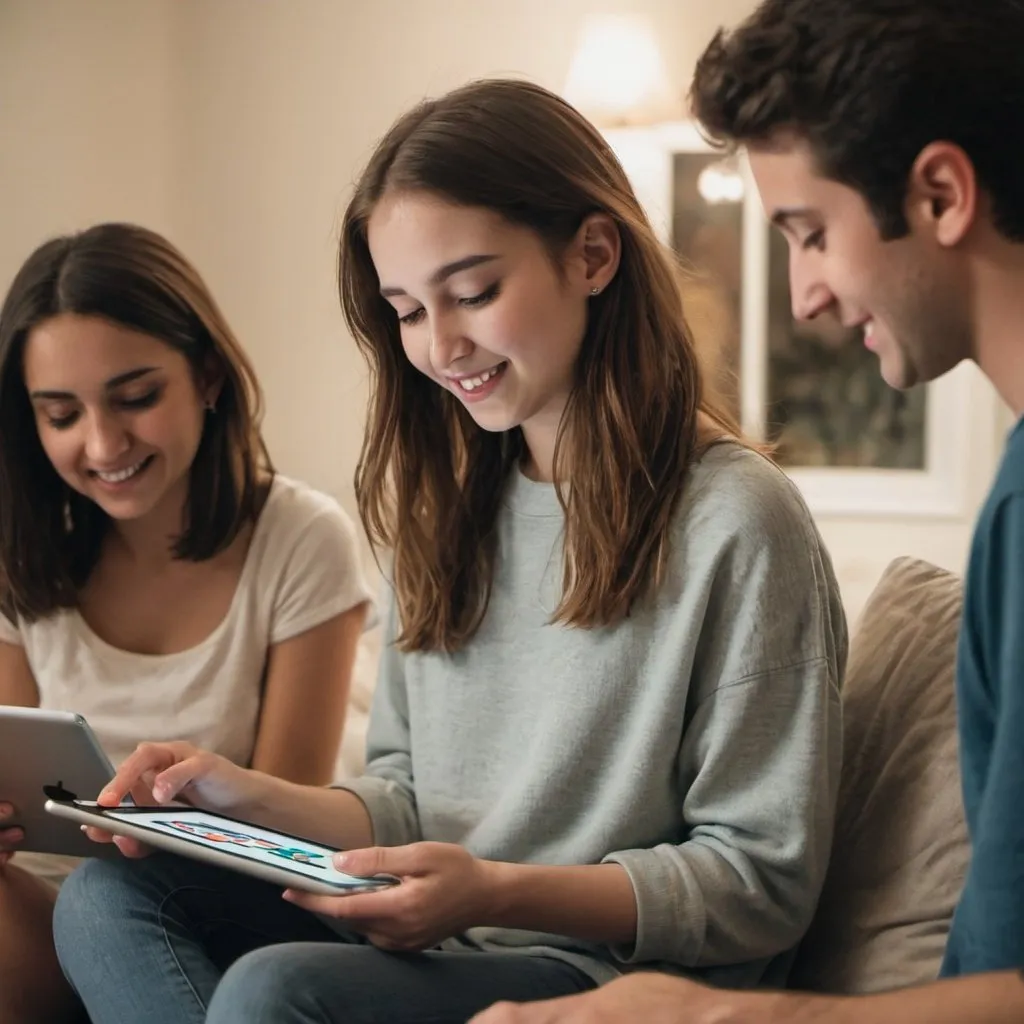 Prompt: A young woman is performing music using an iPad for friends.