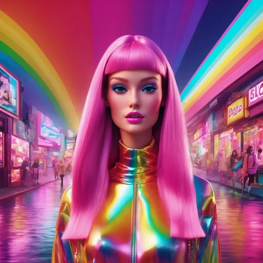 Prompt: surreal, barbie, extasis, lsd vibe, mashrooms, rainbow, positive trip, glitch, 3D realistic, modern design. noise, plastic woman, 