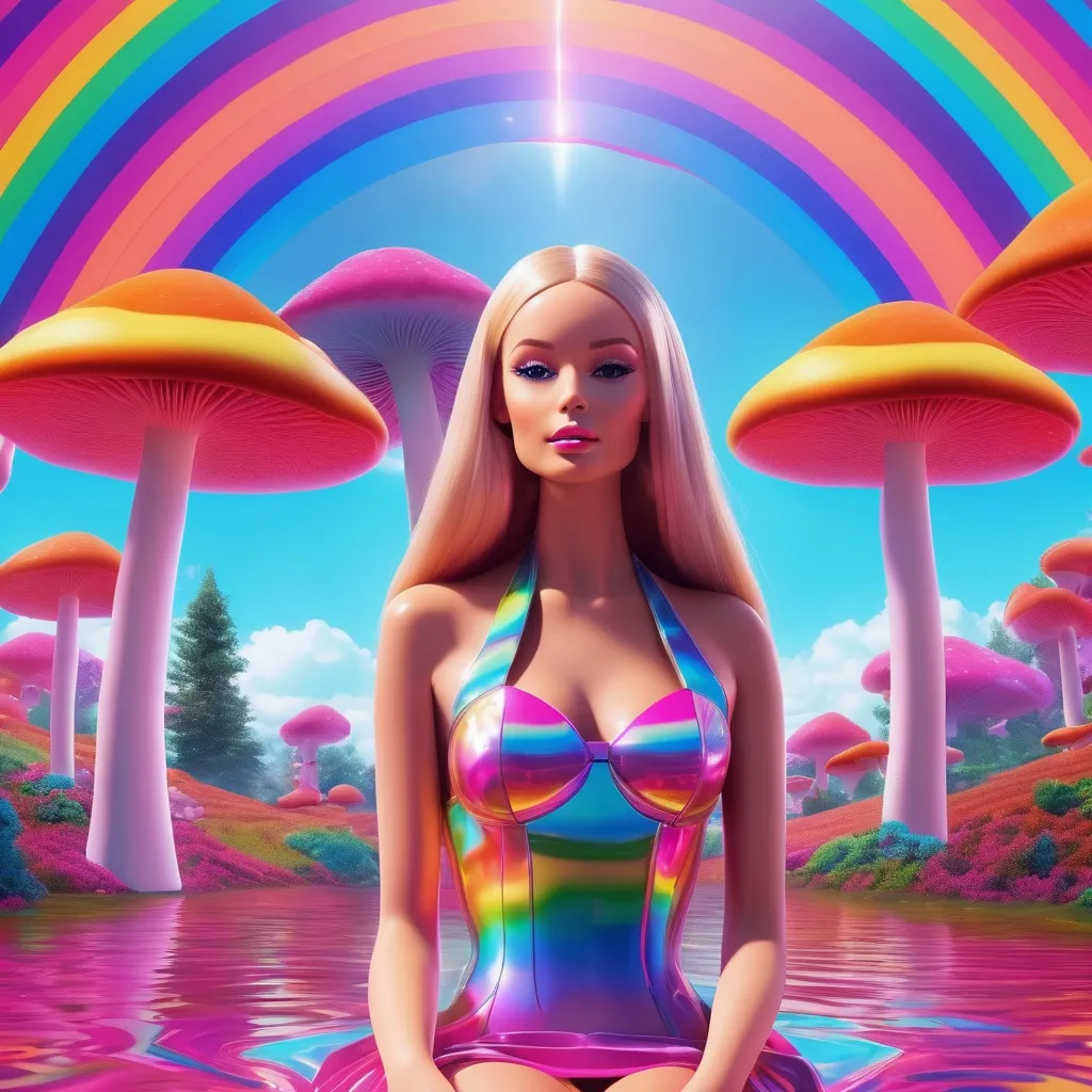 Prompt: surreal, barbie, relax, dream, lsd vibe, mashrooms, rainbow, positive trip, glitch, 3D realistic, modern design. noise, plastic woman, 