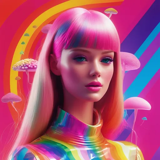 Prompt: surreal, barbie, lsd vibe, mashrooms, rainbow, positive trip, glitch, 3D realistic, modern design. noise, plastic woman, 