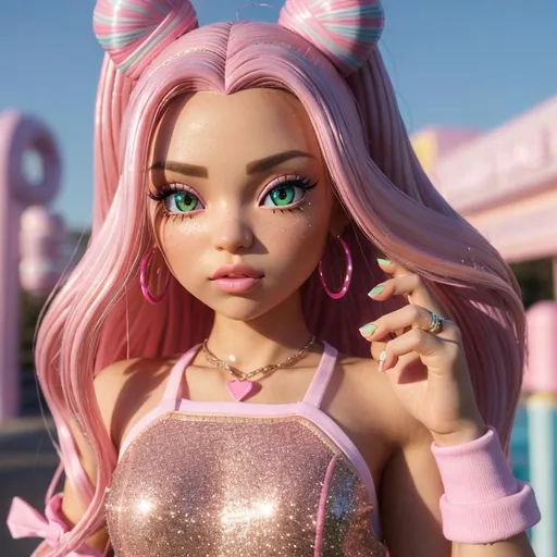 Prompt: 3D, precise, high quality, Bratz style 3D character, cute, high school times, pastel colors, light pink, detailed, vibrant, youthful, fashion-forward, whimsical, modern, high-res, high fidelity, pastel tones, bright lighting, aesthetic, chill, trendy, popular, glamour, glitter, younge, preppy, 