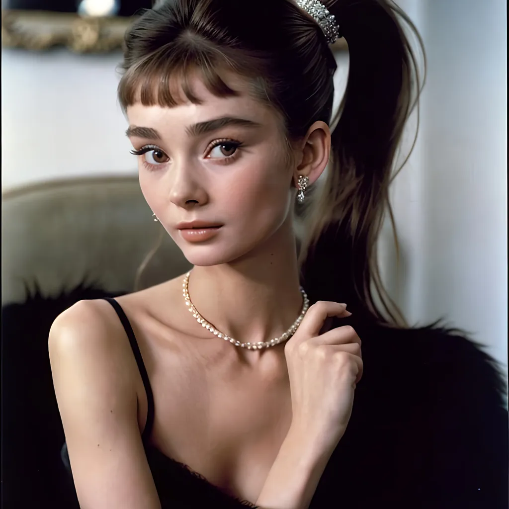 Prompt: 16 years old Audrey Hepburn, long hair, 90s vouge magazine photography style (Photographed by Steven Meisel, US Vogue, December 1989)