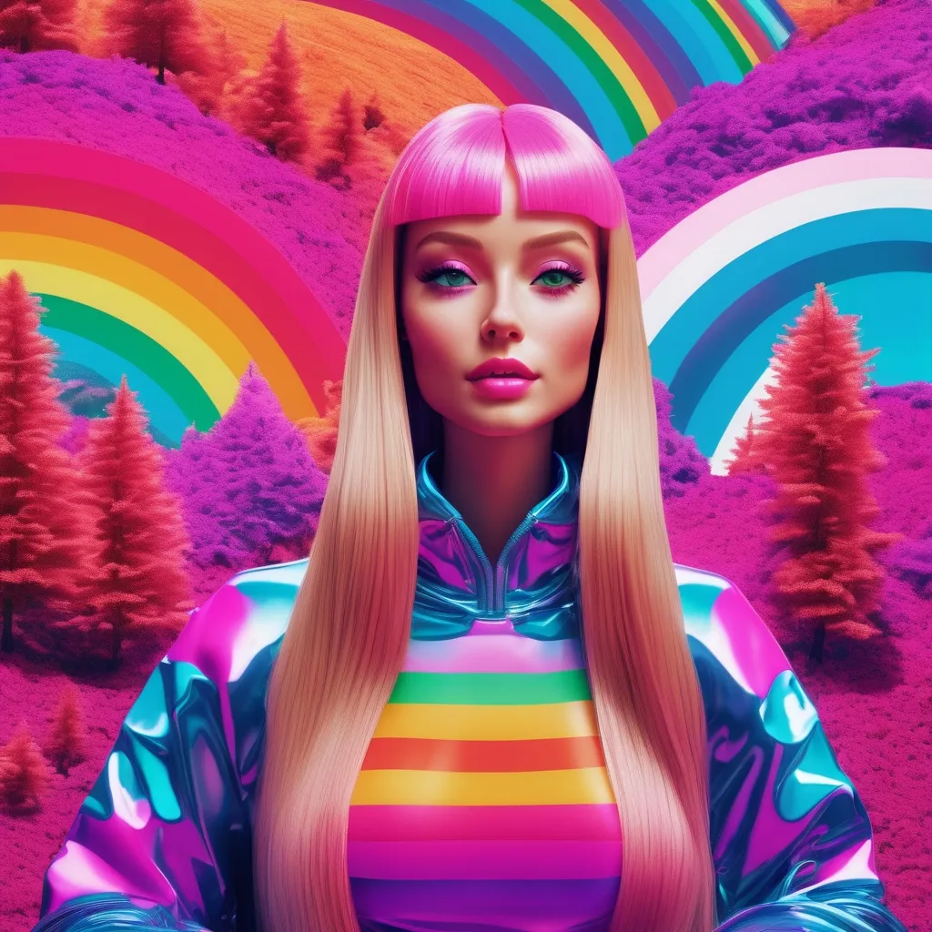 Prompt: surreal, barbie, meditate, lsd vibe, mashrooms, rainbow, positive trip, glitch, 3D realistic, modern design. noise, plastic woman, illuminated, high, weed