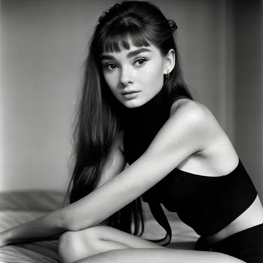 Prompt: 16 years old Audrey Hepburn, long hair, 90s vouge magazine photography style