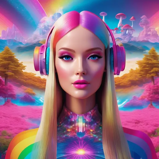 Prompt: surreal, barbie, meditate, lsd vibe, mashrooms, rainbow, positive trip, glitch, 3D realistic, modern design. noise, plastic woman