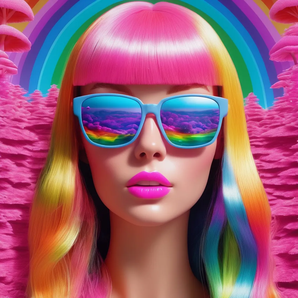 Prompt: surreal, barbie, relax, dream, lsd vibe, mashrooms, rainbow, positive trip, glitch, 3D realistic, modern design. noise, plastic woman, 