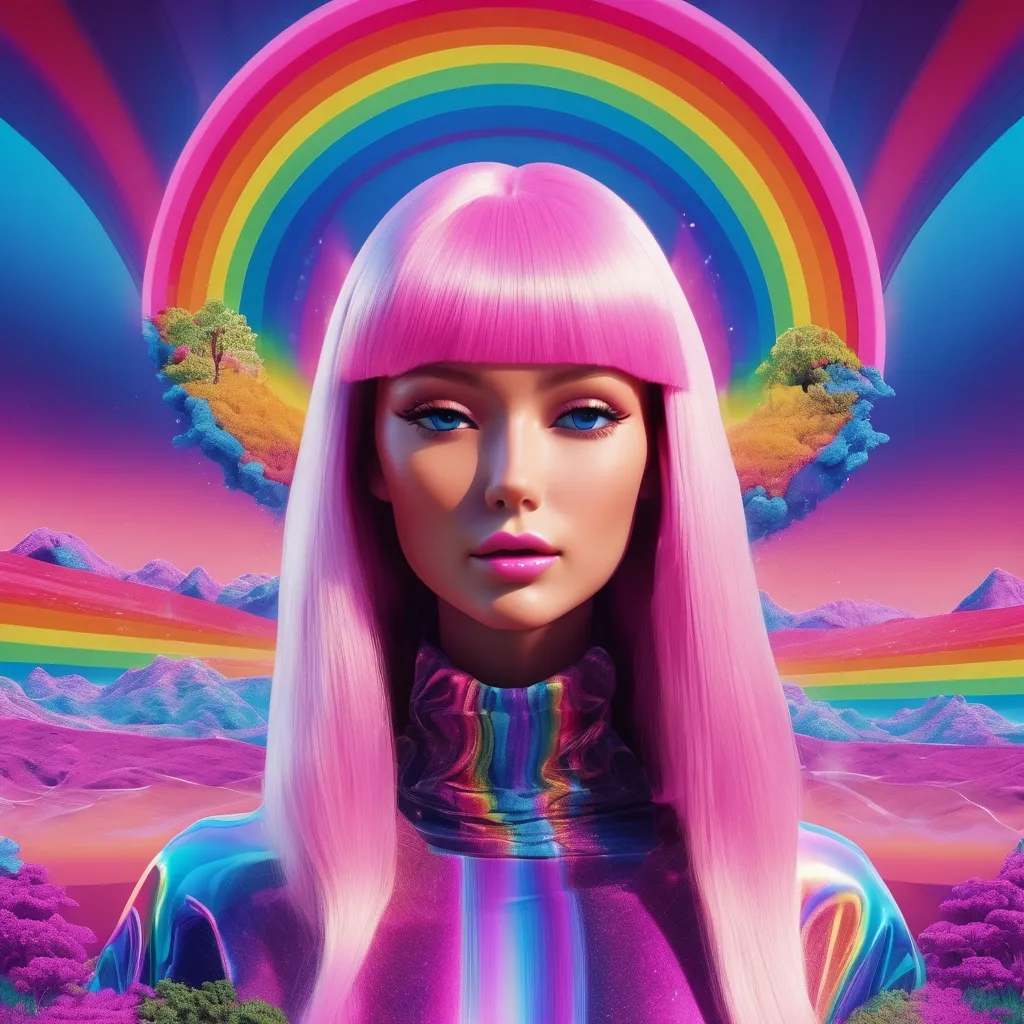 Prompt: surreal, barbie, meditate, lsd vibe, mashrooms, rainbow, positive trip, glitch, 3D realistic, modern design. noise, plastic woman