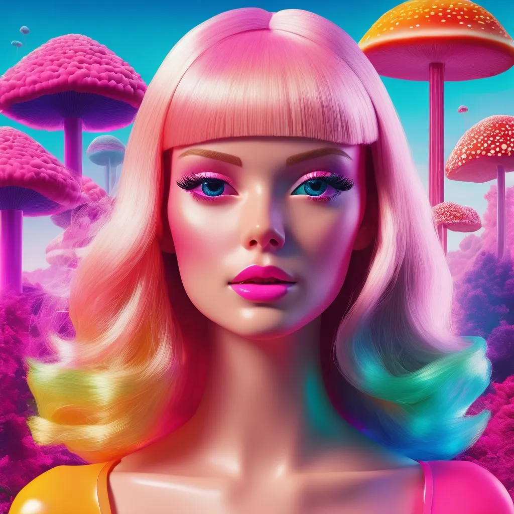 Prompt: surreal, barbie, relax, dream, lsd vibe, mashrooms, rainbow, positive trip, glitch, 3D realistic, modern design. noise, plastic woman, 