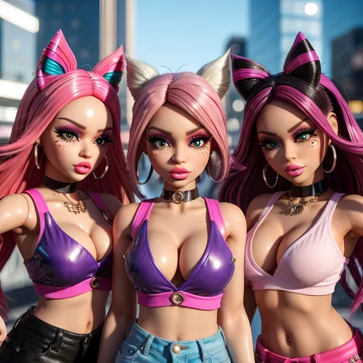 Prompt: Bratz cartoon photo, vibrant and colorful, high quality, detailed facial features, stylish outfits and accessories, fashionable makeup and hairstyles, 3D rendering, bright and lively, doll-like aesthetic, urban city background, sassy and confident poses, 4k, colorful, detailed facial features, stylish, 3D, vibrant, urban, doll-like aesthetic, confident poses, high quality, lively, fashionable, big eyes, big lips