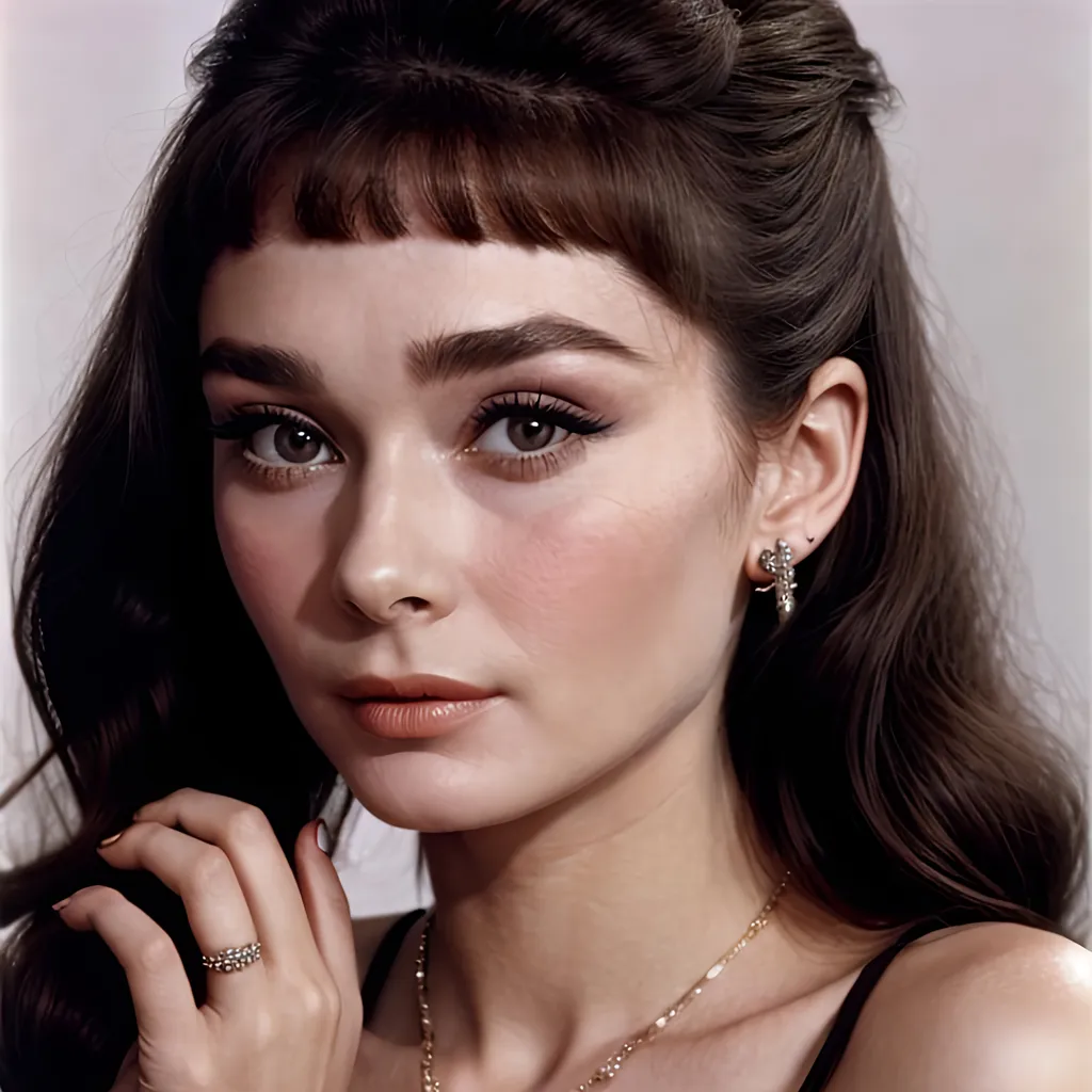 Prompt: 25years old Audrey Hepburn, long hair, 90s vouge magazine photography style, septum