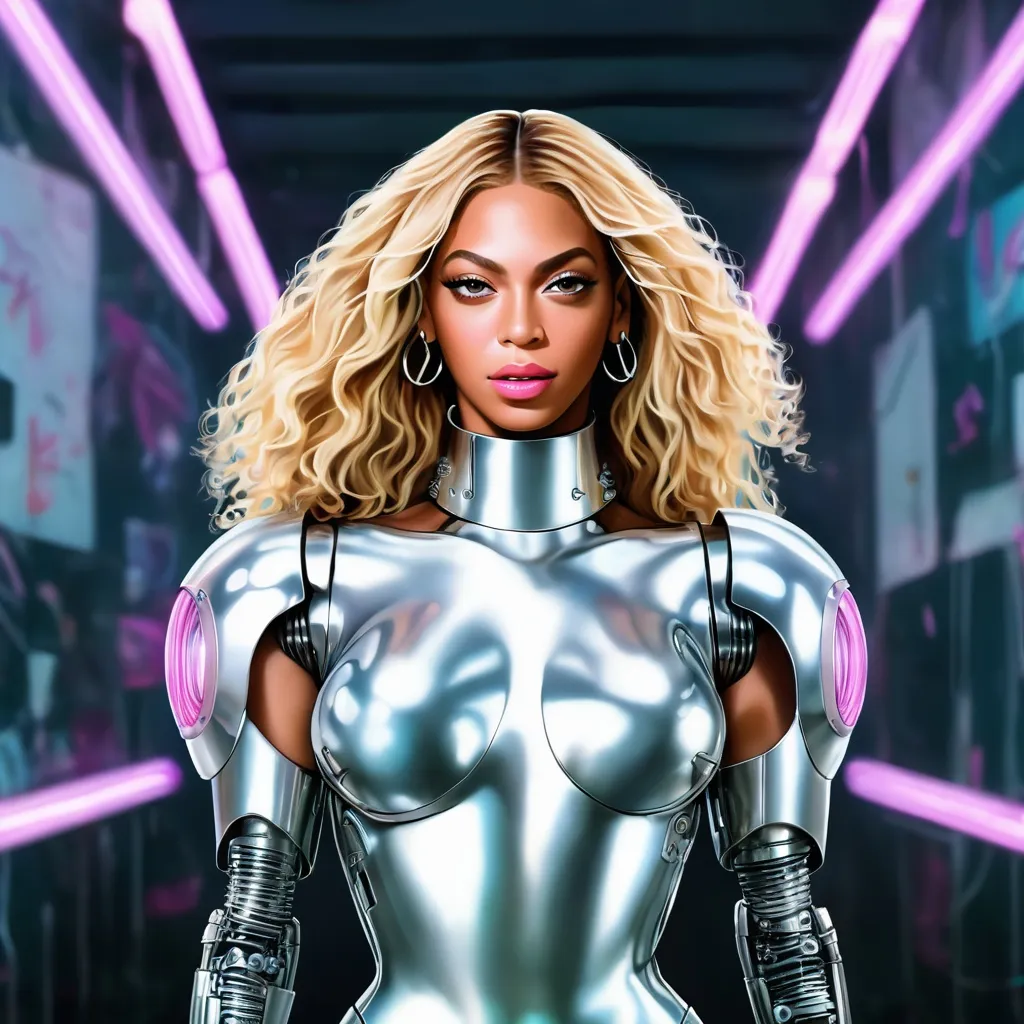 Prompt: Beyoncé, HQ, blonde, robot, neo futurism, metal, art, clone, neon lights, feminist