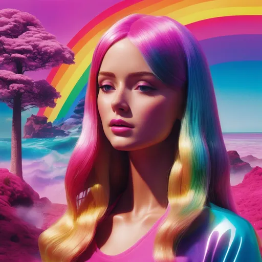 Prompt: surreal, barbie, meditate, lsd vibe, mashrooms, rainbow, positive trip, glitch, 3D realistic, modern design. noise, plastic woman, sad