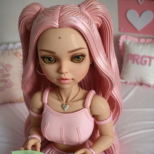 Prompt: 3D, plastic graphics, precise, high quality, Bratz, cute, high school times, pastel colors, light pink, detailed, vibrant, youthful, fashion-forward, doll-like, whimsical, modern, high-res, high fidelity, pastel tones, bright lighting. Sit sadly on the bed, holding a photograph or a pile of letters related to their beloved, visibly displaying sadness, portraying emotional pain, and loss.