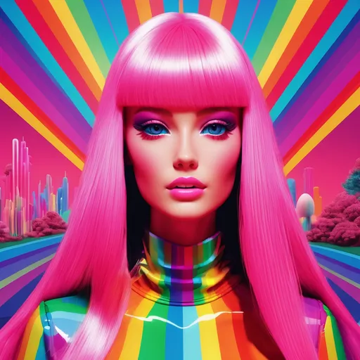 Prompt: surreal, barbie, lsd vibe, mashrooms, rainbow, positive trip, glitch, 3D realistic, modern design. noise, plastic woman, 