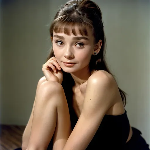 Prompt: 16 years old Audrey Hepburn, long hair, 90s style